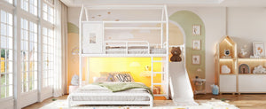 English Elm Twin Over Full Metal Playhouse Bunk Bed with Slide LED Strip and Privacy Curtain Antique White W5305S00163