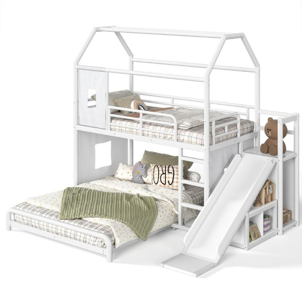 English Elm Twin Over Full Metal Playhouse Bunk Bed with Slide LED Strip and Privacy Curtain Antique White W5305S00163