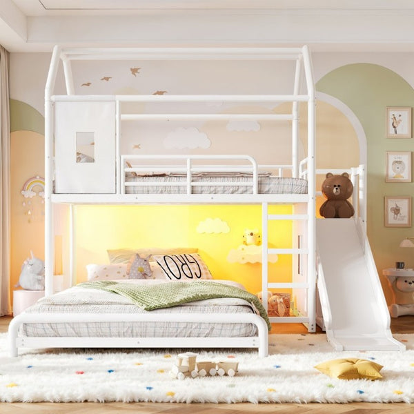English Elm Twin Over Full Metal Playhouse Bunk Bed with Slide LED Strip and Privacy Curtain Antique White W5305S00163