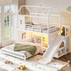 English Elm Twin Over Full Metal Playhouse Bunk Bed with Slide LED Strip and Privacy Curtain Antique White W5305S00163