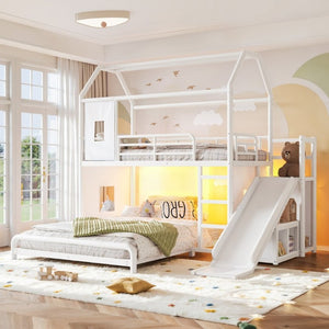 English Elm Twin Over Full Metal Playhouse Bunk Bed with Slide LED Strip and Privacy Curtain Antique White W5305S00163