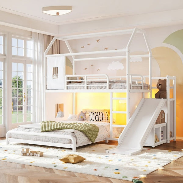 English Elm Twin Over Full Metal Playhouse Bunk Bed with Slide LED Strip and Privacy Curtain Antique White W5305S00163