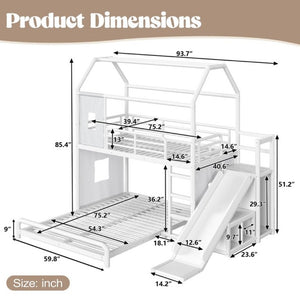 English Elm Twin Over Full Metal Playhouse Bunk Bed with Slide LED Strip and Privacy Curtain Antique White W5305S00163