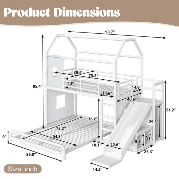 English Elm Twin Over Full Metal Playhouse Bunk Bed with Slide LED Strip and Privacy Curtain Antique White W5305S00163