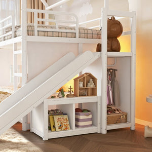 English Elm Twin Over Full Metal Playhouse Bunk Bed with Slide LED Strip and Privacy Curtain Antique White W5305S00163