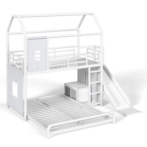 English Elm Twin Over Full Metal Playhouse Bunk Bed with Slide LED Strip and Privacy Curtain Antique White W5305S00163