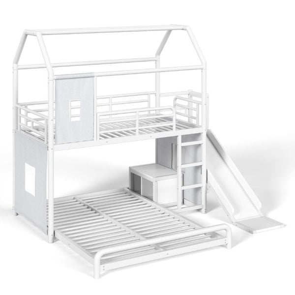 English Elm Twin Over Full Metal Playhouse Bunk Bed with Slide LED Strip and Privacy Curtain Antique White W5305S00163