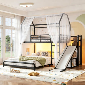 English Elm Twin Over Full Metal Playhouse Bunk Bed with Slide LED Strip and Privacy Curtain Black W5305S00164