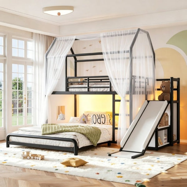 English Elm Twin Over Full Metal Playhouse Bunk Bed with Slide LED Strip and Privacy Curtain Black W5305S00164