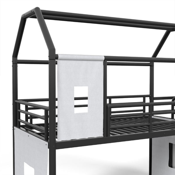 English Elm Twin Over Full Metal Playhouse Bunk Bed with Slide LED Strip and Privacy Curtain Black W5305S00164