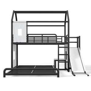 English Elm Twin Over Full Metal Playhouse Bunk Bed with Slide LED Strip and Privacy Curtain Black W5305S00164