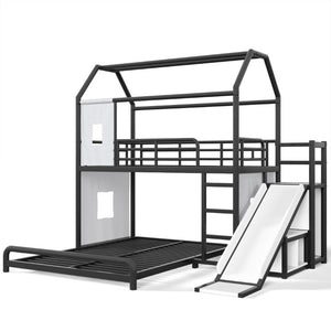 English Elm Twin Over Full Metal Playhouse Bunk Bed with Slide LED Strip and Privacy Curtain Black W5305S00164