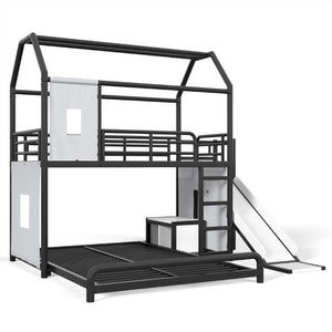 English Elm Twin Over Full Metal Playhouse Bunk Bed with Slide LED Strip and Privacy Curtain Black W5305S00164