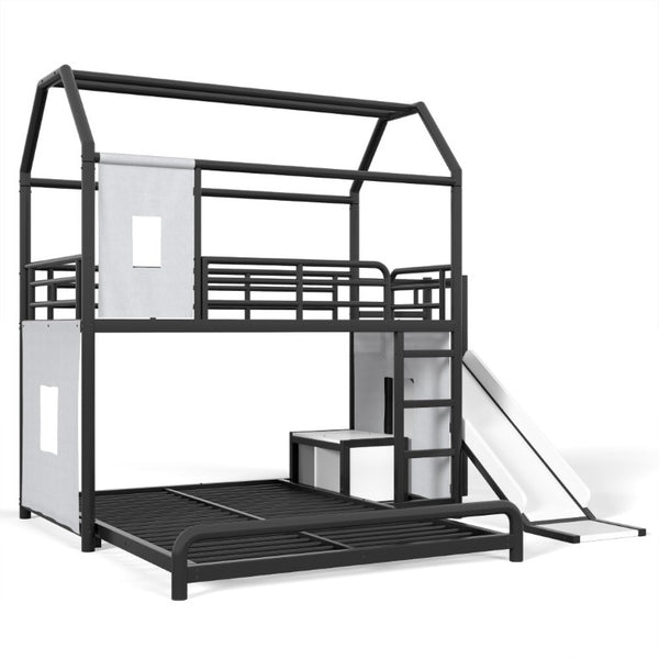 English Elm Twin Over Full Metal Playhouse Bunk Bed with Slide LED Strip and Privacy Curtain Black W5305S00164