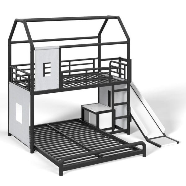 English Elm Twin Over Full Metal Playhouse Bunk Bed with Slide LED Strip and Privacy Curtain Black W5305S00164