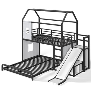 English Elm Twin Over Full Metal Playhouse Bunk Bed with Slide LED Strip and Privacy Curtain Black W5305S00164