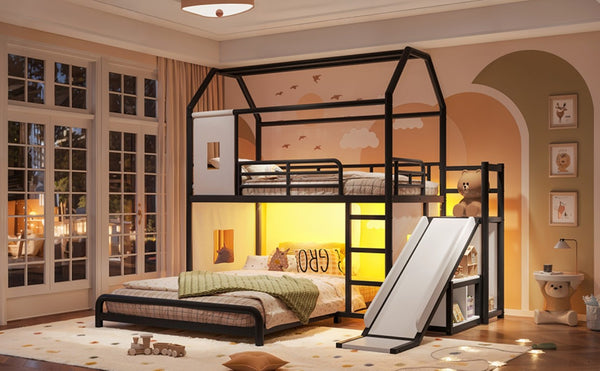 English Elm Twin Over Full Metal Playhouse Bunk Bed with Slide LED Strip and Privacy Curtain Black W5305S00164