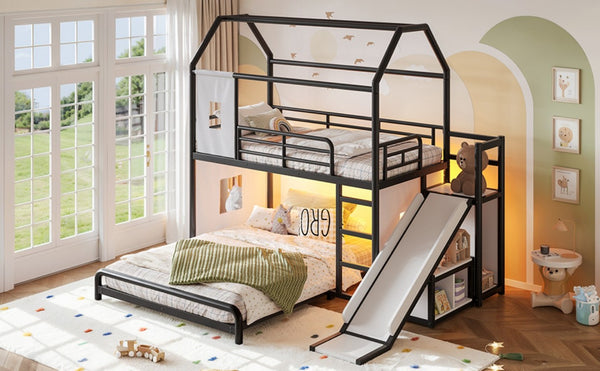 English Elm Twin Over Full Metal Playhouse Bunk Bed with Slide LED Strip and Privacy Curtain Black W5305S00164