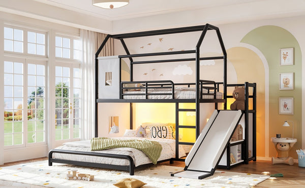 English Elm Twin Over Full Metal Playhouse Bunk Bed with Slide LED Strip and Privacy Curtain Black W5305S00164