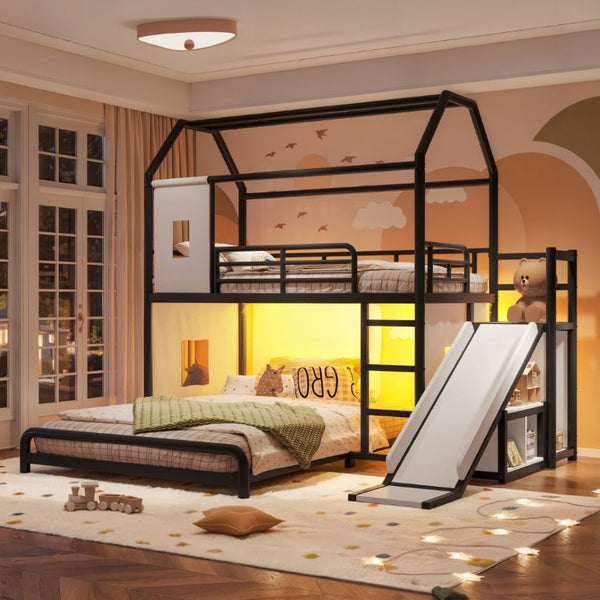 English Elm Twin Over Full Metal Playhouse Bunk Bed with Slide LED Strip and Privacy Curtain Black W5305S00164