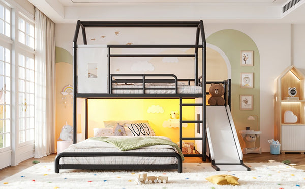 English Elm Twin Over Full Metal Playhouse Bunk Bed with Slide LED Strip and Privacy Curtain Black W5305S00164