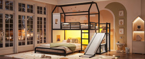 English Elm Twin Over Full Metal Playhouse Bunk Bed with Slide LED Strip and Privacy Curtain Black W5305S00164