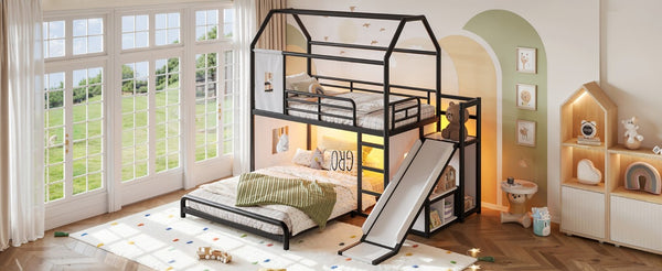 English Elm Twin Over Full Metal Playhouse Bunk Bed with Slide LED Strip and Privacy Curtain Black W5305S00164