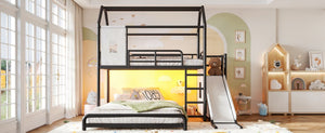 English Elm Twin Over Full Metal Playhouse Bunk Bed with Slide LED Strip and Privacy Curtain Black W5305S00164