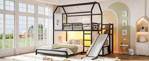 English Elm Twin Over Full Metal Playhouse Bunk Bed with Slide LED Strip and Privacy Curtain Black W5305S00164