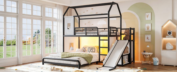English Elm Twin Over Full Metal Playhouse Bunk Bed with Slide LED Strip and Privacy Curtain Black W5305S00164