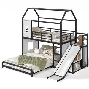 English Elm Twin Over Full Metal Playhouse Bunk Bed with Slide LED Strip and Privacy Curtain Black W5305S00164