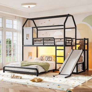 English Elm Twin Over Full Metal Playhouse Bunk Bed with Slide LED Strip and Privacy Curtain Black W5305S00164