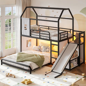English Elm Twin Over Full Metal Playhouse Bunk Bed with Slide LED Strip and Privacy Curtain Black W5305S00164
