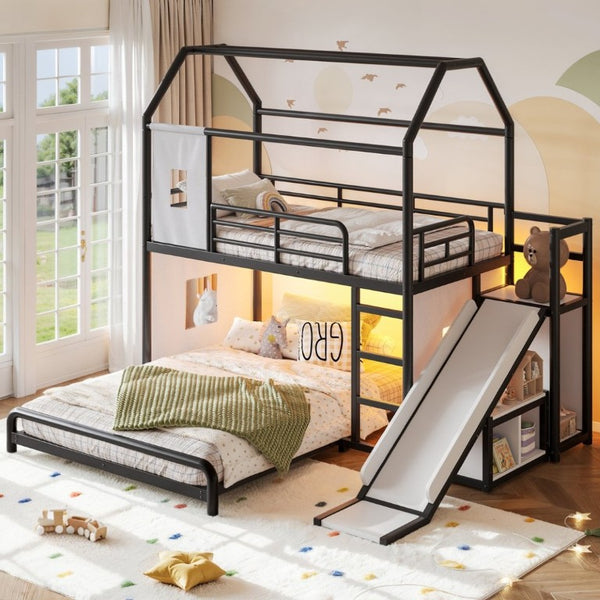 English Elm Twin Over Full Metal Playhouse Bunk Bed with Slide LED Strip and Privacy Curtain Black W5305S00164