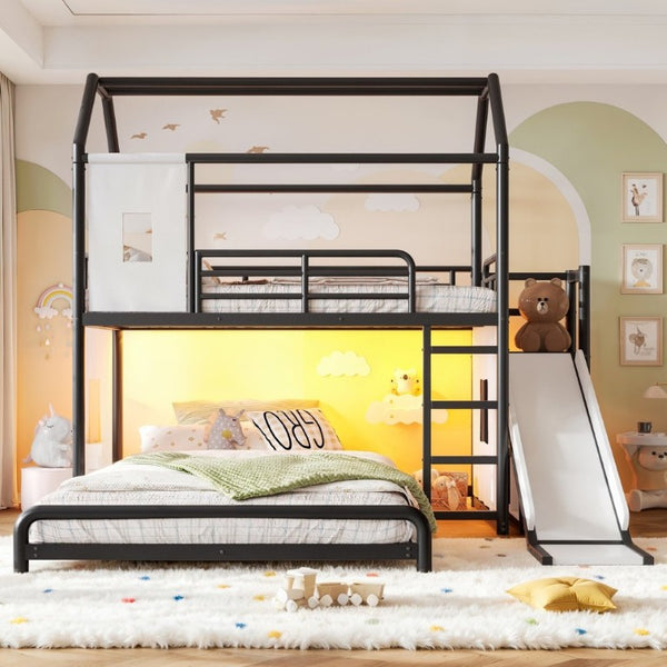 English Elm Twin Over Full Metal Playhouse Bunk Bed with Slide LED Strip and Privacy Curtain Black W5305S00164