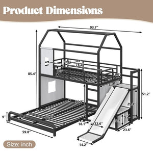 English Elm Twin Over Full Metal Playhouse Bunk Bed with Slide LED Strip and Privacy Curtain Black W5305S00164