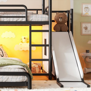 English Elm Twin Over Full Metal Playhouse Bunk Bed with Slide LED Strip and Privacy Curtain Black W5305S00164