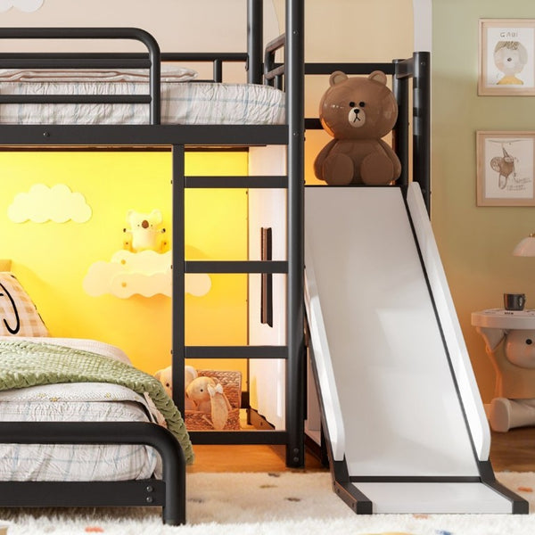 English Elm Twin Over Full Metal Playhouse Bunk Bed with Slide LED Strip and Privacy Curtain Black W5305S00164
