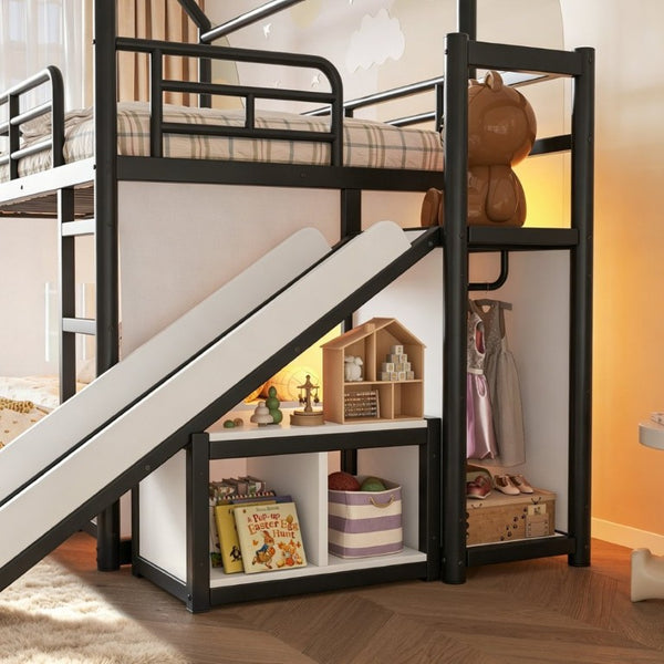 English Elm Twin Over Full Metal Playhouse Bunk Bed with Slide LED Strip and Privacy Curtain Black W5305S00164
