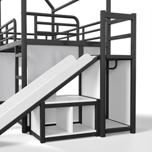 English Elm Twin Over Full Metal Playhouse Bunk Bed with Slide LED Strip and Privacy Curtain Black W5305S00164