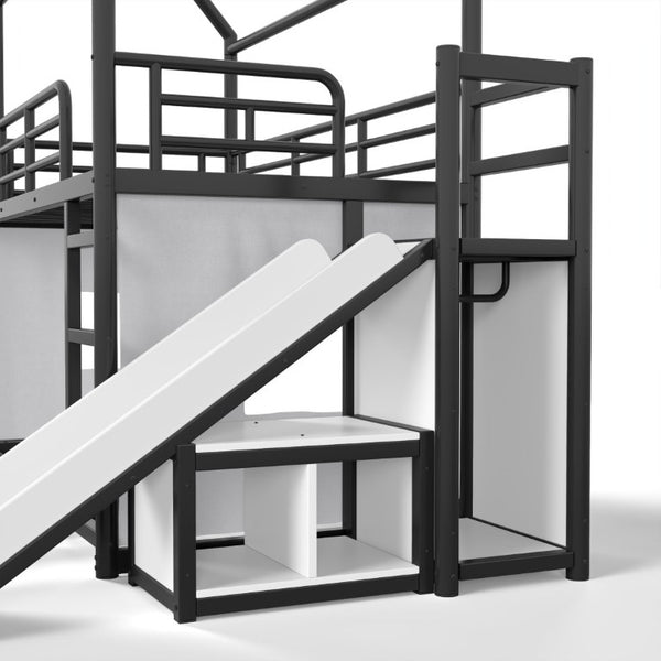 English Elm Twin Over Full Metal Playhouse Bunk Bed with Slide LED Strip and Privacy Curtain Black W5305S00164