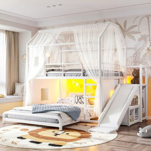 English Elm Full Over Playhouse Metal Bunk Bed with Slide LED Strip and Movable Storage Cabinet White W5305S00166