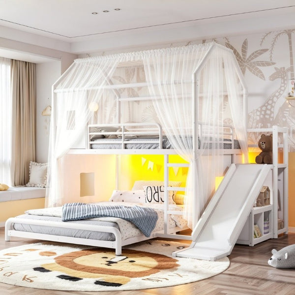 English Elm Full Over Playhouse Metal Bunk Bed with Slide LED Strip and Movable Storage Cabinet White W5305S00166