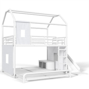 English Elm Full Over Playhouse Metal Bunk Bed with Slide LED Strip and Movable Storage Cabinet White W5305S00166