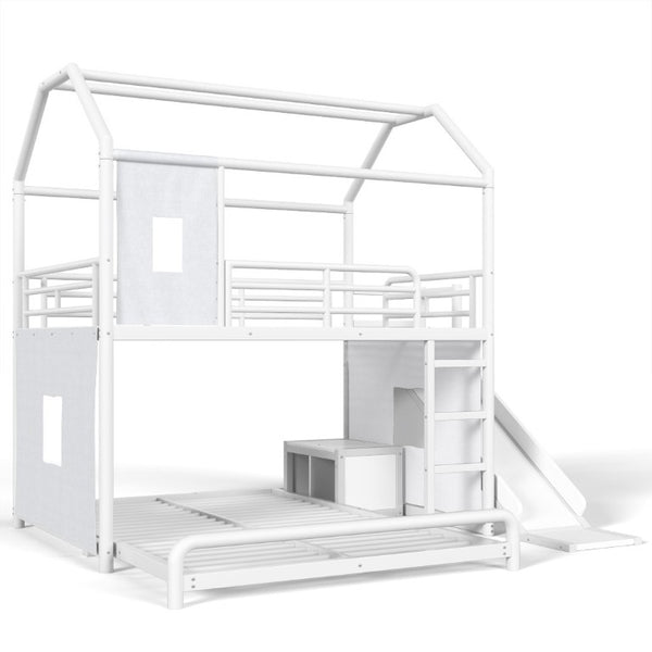 English Elm Full Over Playhouse Metal Bunk Bed with Slide LED Strip and Movable Storage Cabinet White W5305S00166