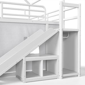 English Elm Full Over Playhouse Metal Bunk Bed with Slide LED Strip and Movable Storage Cabinet White W5305S00166