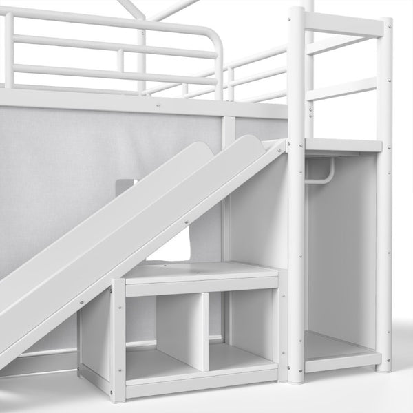 English Elm Full Over Playhouse Metal Bunk Bed with Slide LED Strip and Movable Storage Cabinet White W5305S00166