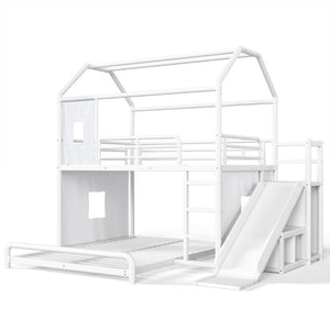 English Elm Full Over Playhouse Metal Bunk Bed with Slide LED Strip and Movable Storage Cabinet White W5305S00166