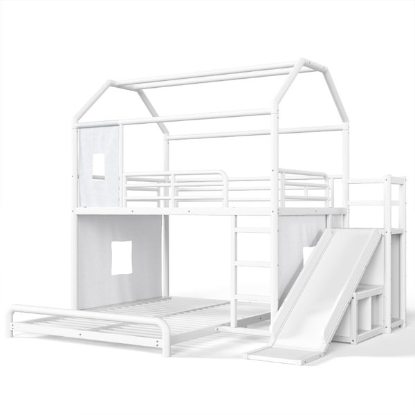 English Elm Full Over Playhouse Metal Bunk Bed with Slide LED Strip and Movable Storage Cabinet White W5305S00166