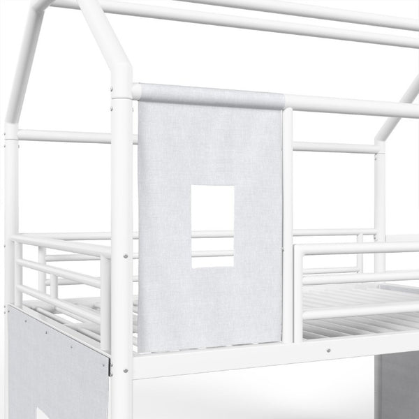 English Elm Full Over Playhouse Metal Bunk Bed with Slide LED Strip and Movable Storage Cabinet White W5305S00166
